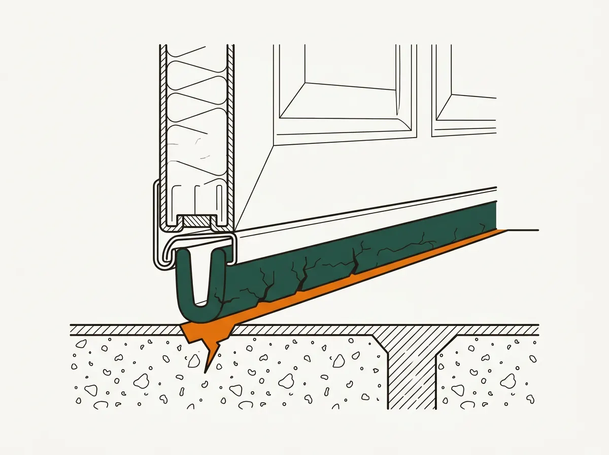 Cross-section illustration of a garage door bottom rail with its retainer channel and U-shaped rubber seal, cracked and compressed flat, leaving a gap above the concrete floor.