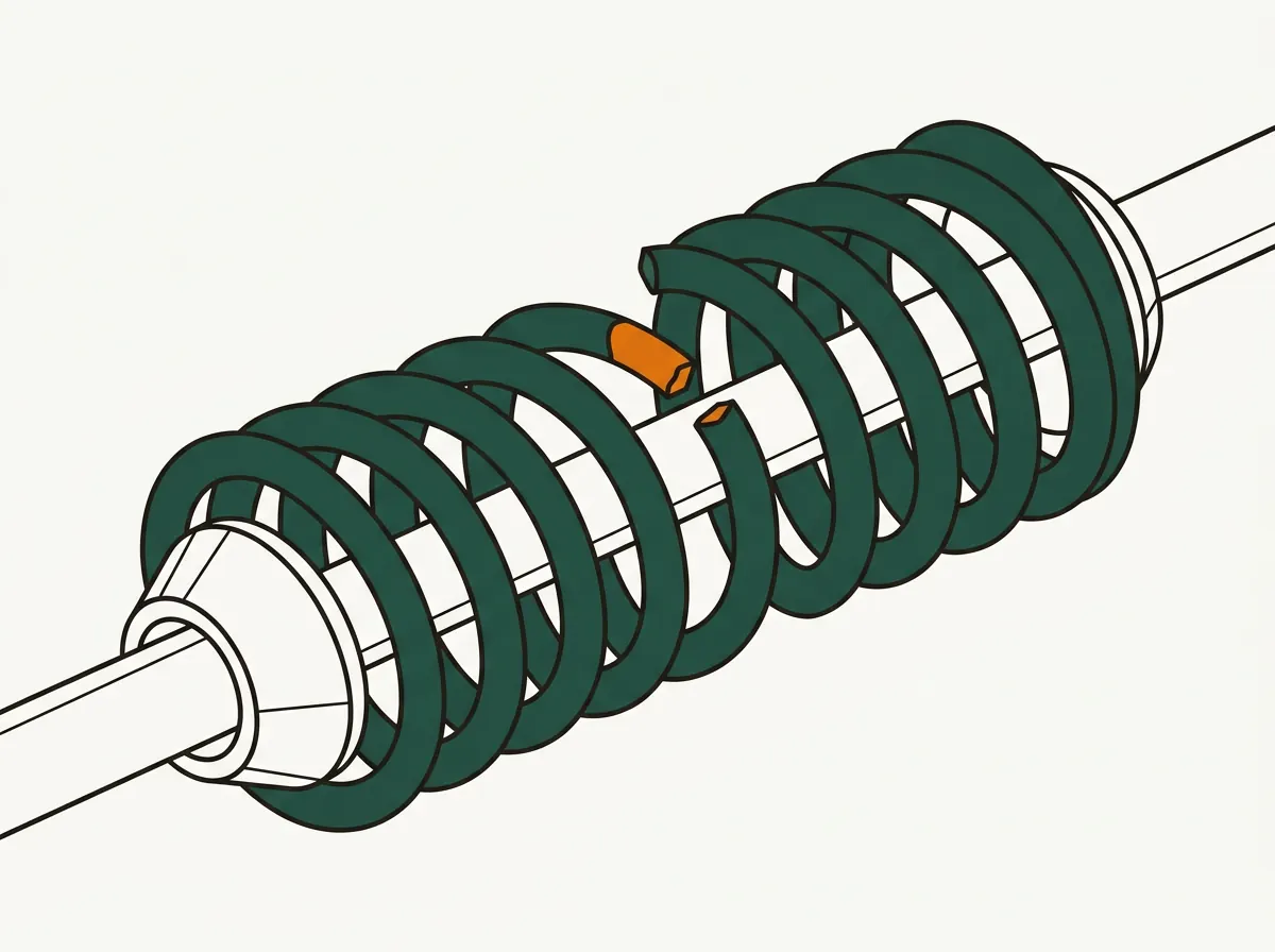 Illustration of a fractured garage door torsion spring on its shaft, showing the gap where the steel separated and the winding cone at one end.