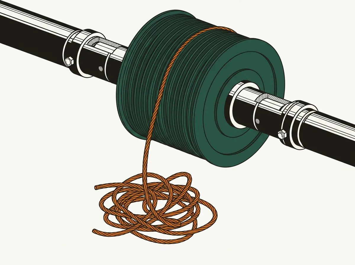 Illustration of a garage door cable drum on the torsion shaft with the lift cable jumped out of its grooves and hanging slack below.
