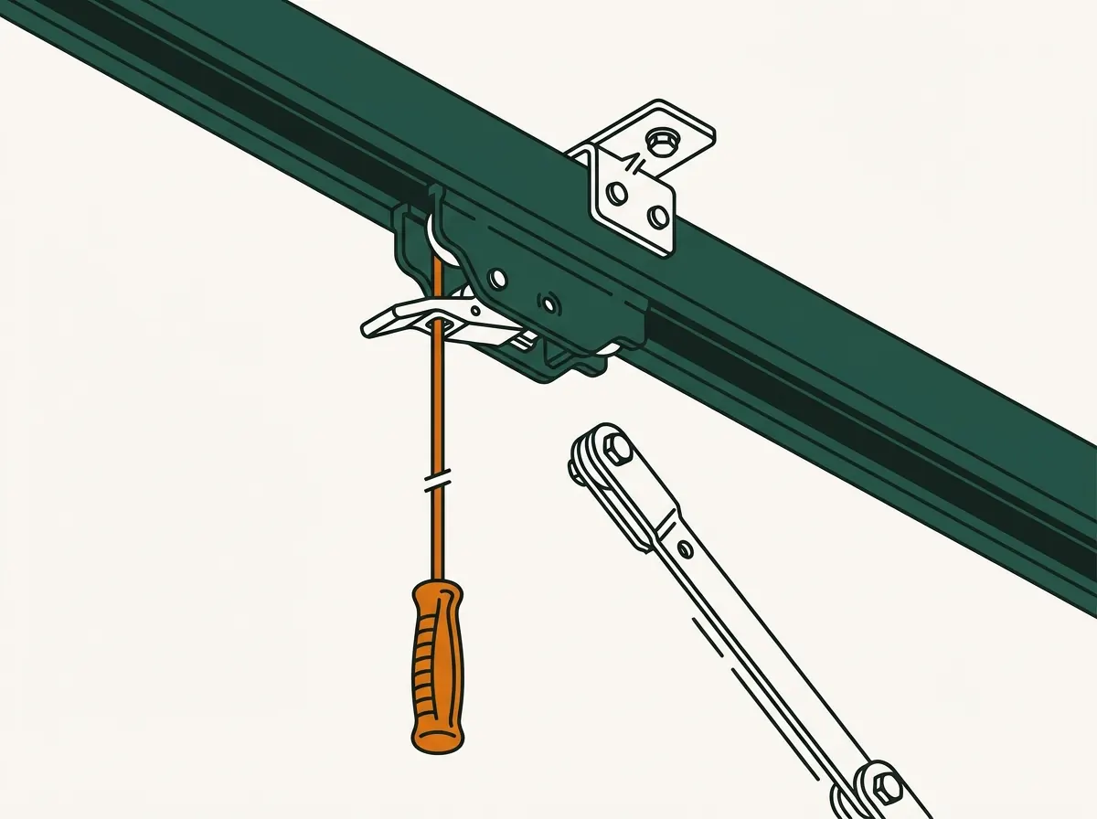 Illustration of a garage door opener rail and trolley with the emergency release lever pulled down, the pull cord and handle hanging from it, and the door arm disconnected and free.