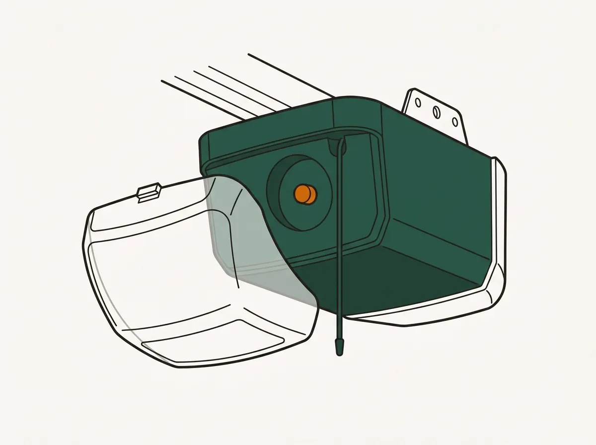 Illustration of a ceiling-mounted garage door opener seen from below with the light lens cover swung open, revealing the small recessed programming button beside the hanging antenna wire.