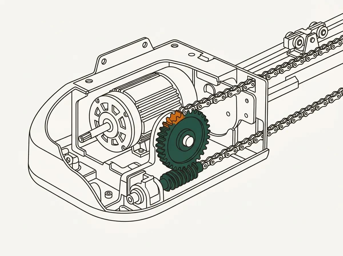 Cutaway illustration of a chain-drive garage door opener showing the motor, the worm gear driving the plastic drive gear, and the chain running out along the rail, with one gear tooth stripped.
