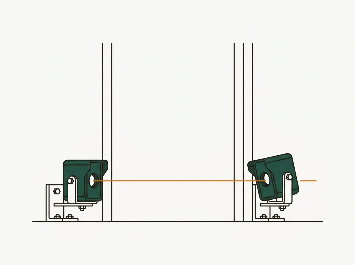 Illustration of a pair of garage door photo-eye safety sensors on brackets either side of a doorway, with the beam line running between them and one sensor tilted out of alignment.