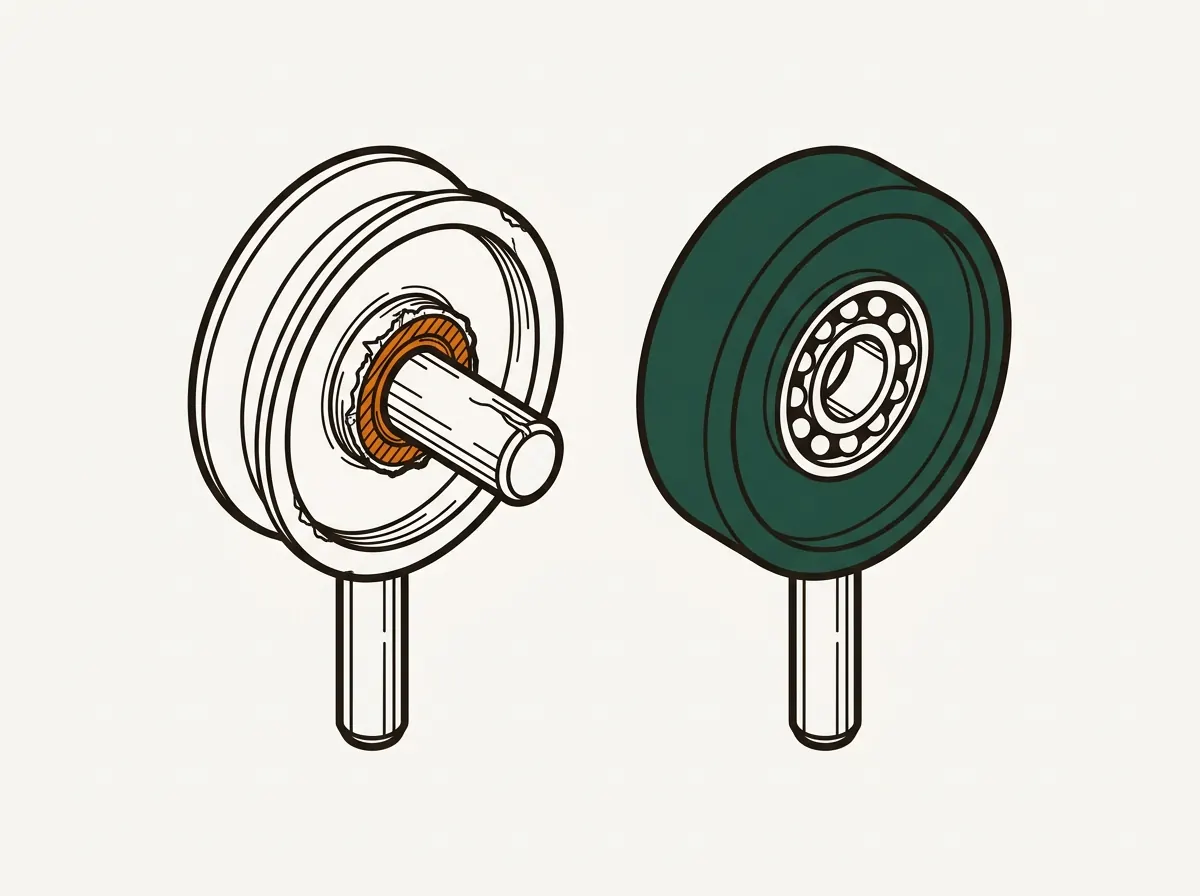 Side-by-side illustration comparing a worn builder-grade steel garage door roller with a bare axle against a nylon roller with a sealed ball-bearing race.