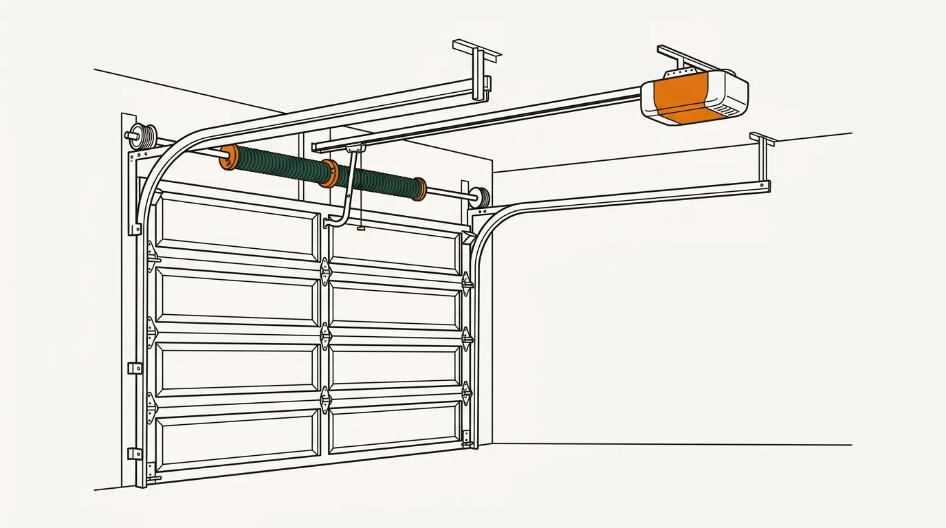 Cutaway illustration of a residential garage door: stacked panels, curved track running to the ceiling, torsion spring on a shaft above the opening with winding cones and cable drums, and a ceiling-mounted opener with its rail.