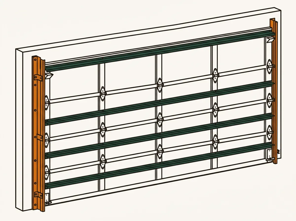 Illustration of the reinforced back of a hurricane wind-rated garage door showing horizontal steel struts across each section, heavy-gauge hinges and reinforced track brackets bolted to the wall.